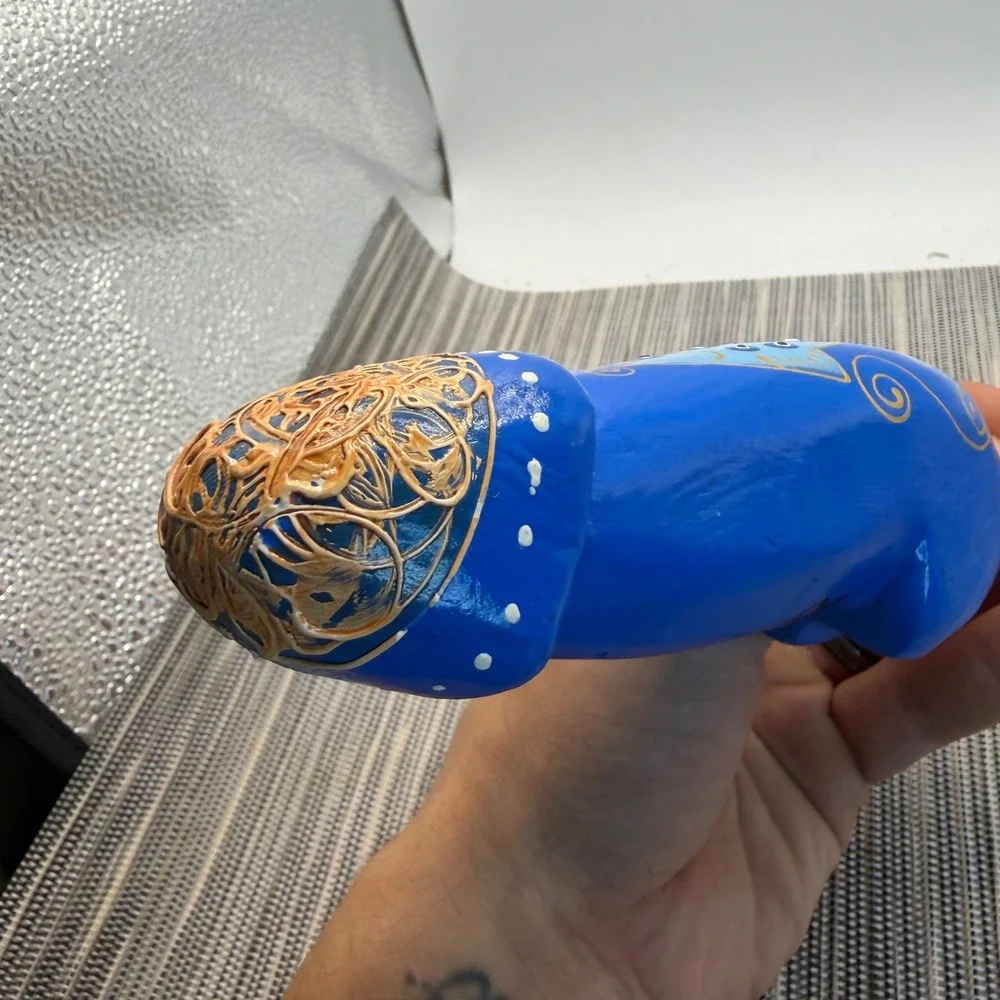 Hand Painted Signed Wood Phallic Bottle Opener Blue Fish Folk Art Novelty 7.5in